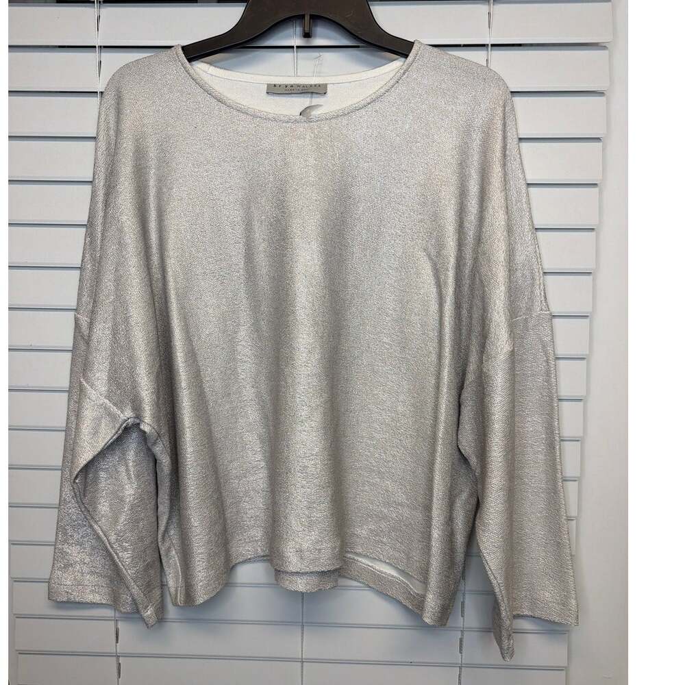 Bryn Walker Silver Metallic Boxy Crop Sweater Lagenlook Small Oversized